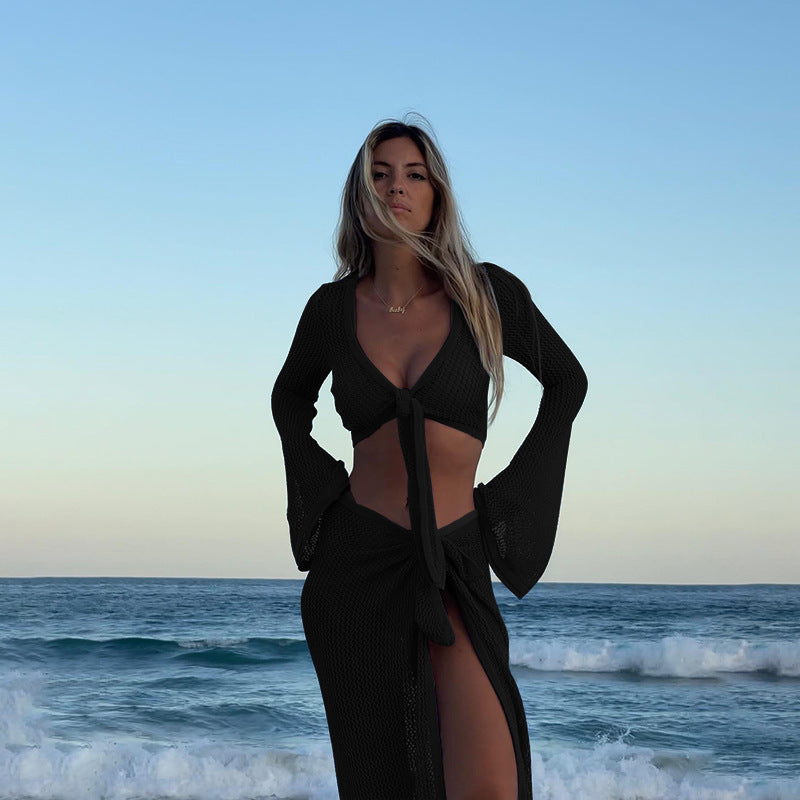 Coat European And American Beach Seaside Sexy Lace-up Skirt Suit -