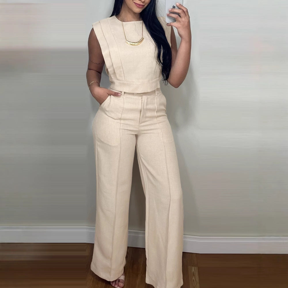 Summer Sleeveless Suit Fashion Round Neck Vest Top And Pocket Straight Pants Casual Trousers Set For Women Clothing -