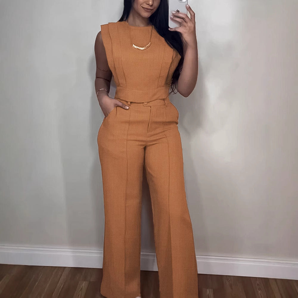 Summer Sleeveless Suit Fashion Round Neck Vest Top And Pocket Straight Pants Casual Trousers Set For Women Clothing -