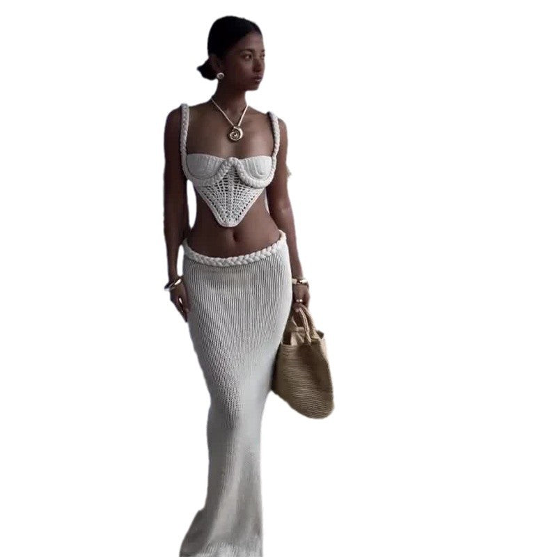 Y2K Crochet Knit 2 Piece Skirt Set Women's Square Collar Camisole Hip Skirt Hollow Out Strapless Tube Top Low Waist Bodycon Maxi Skirts Outfit -