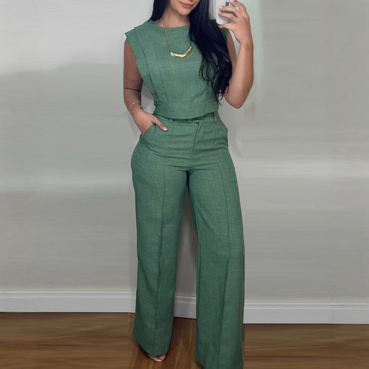 Summer Sleeveless Suit Fashion Round Neck Vest Top And Pocket Straight Pants Casual Trousers Set For Women Clothing -