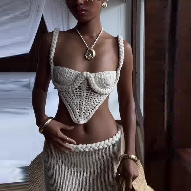Y2K Crochet Knit 2 Piece Skirt Set Women's Square Collar Camisole Hip Skirt Hollow Out Strapless Tube Top Low Waist Bodycon Maxi Skirts Outfit -