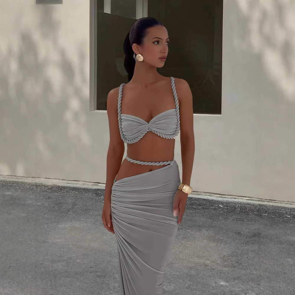 Backless Halter Suspender Sheath Skirt Two-piece Suit -