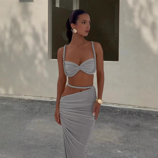 Backless Halter Suspender Sheath Skirt Two-piece Suit -