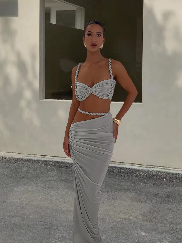 Backless Halter Suspender Sheath Skirt Two-piece Suit -
