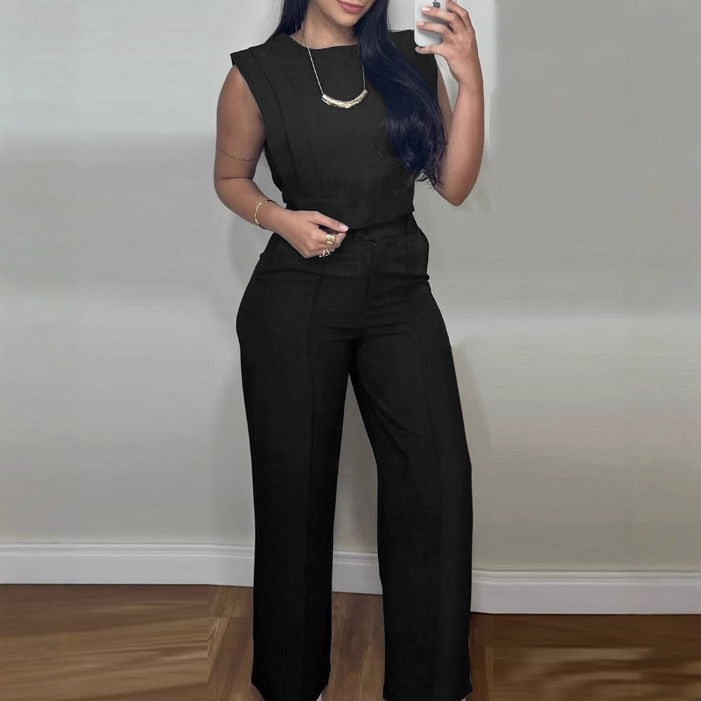 Summer Sleeveless Suit Fashion Round Neck Vest Top And Pocket Straight Pants Casual Trousers Set For Women Clothing -