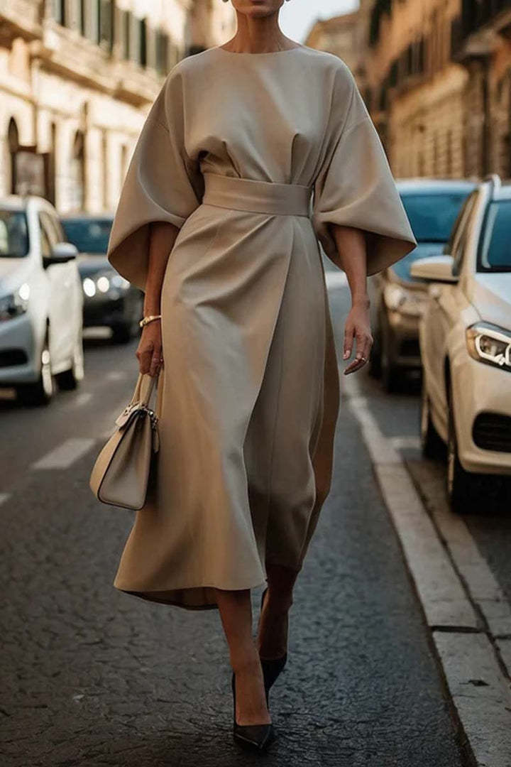 Loose Batwing Sleeve Dress Fashion Waist-tighted Solid Color Elegant Dresses For Women Clothing -