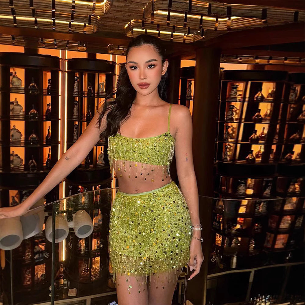 Tassel Sequins Crystal Beads Short Skirt Overall Dress Set -
