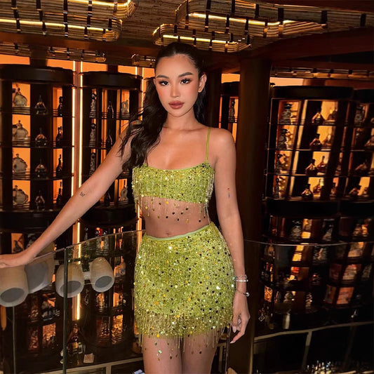 Tassel Sequins Crystal Beads Short Skirt Overall Dress Set -