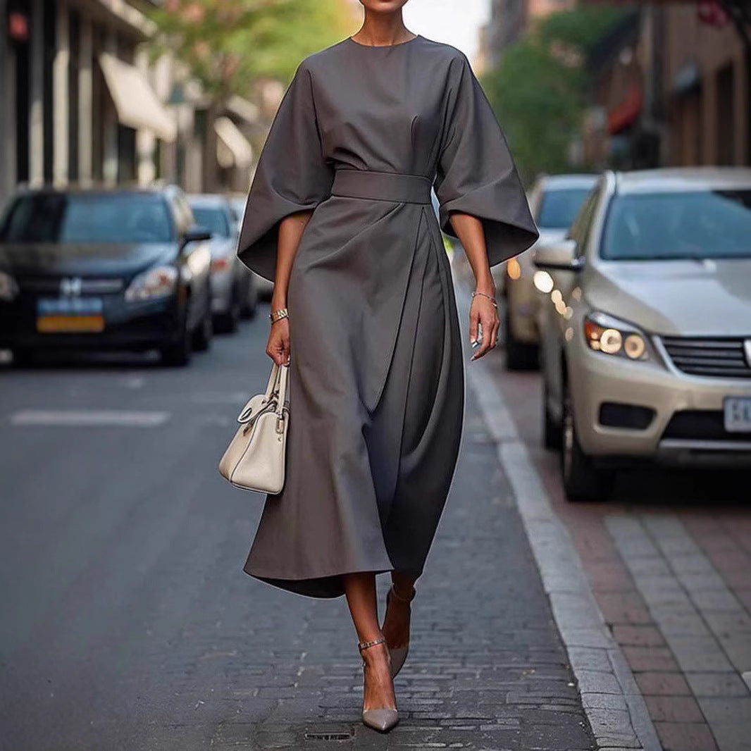 Loose Batwing Sleeve Dress Fashion Waist-tighted Solid Color Elegant Dresses For Women Clothing -