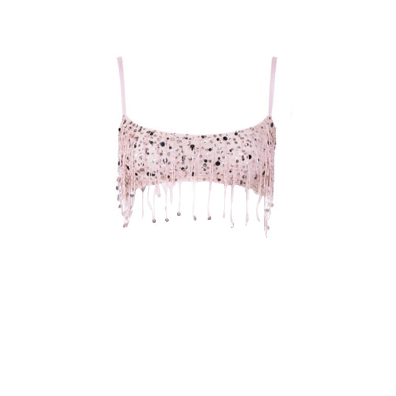 Tassel Sequins Crystal Beads Short Skirt Overall Dress Set -