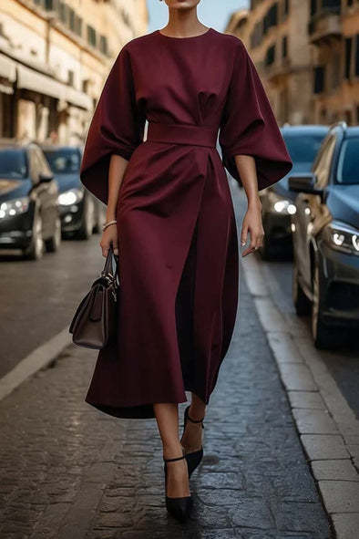 Loose Batwing Sleeve Dress Fashion Waist-tighted Solid Color Elegant Dresses For Women Clothing -