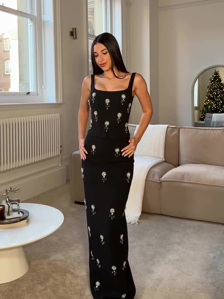 Black Two-piece Beaded Zipper Top & Skirt Set -