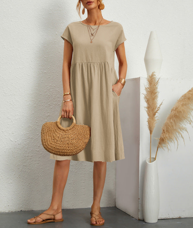 Rochie Vara Buzunare A-Line - Guler Rotund, Casual Elegantă, Culori Uni -
