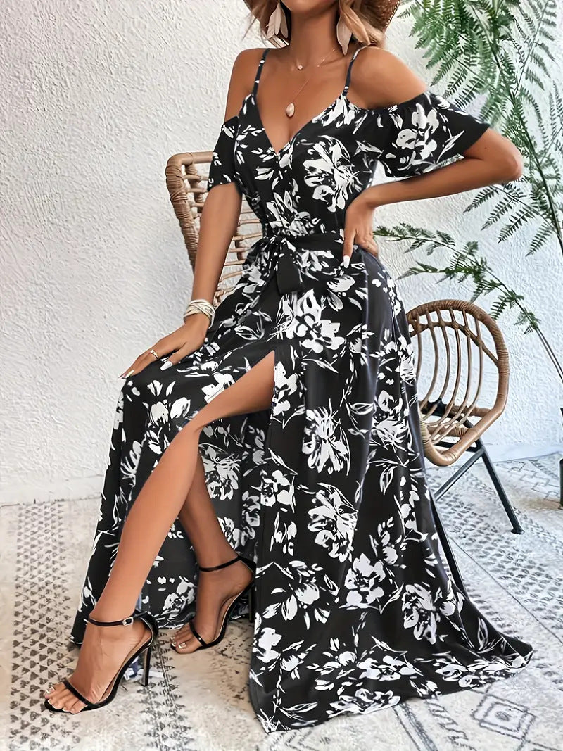 Ins Off-Shoulder Split Dress Summer Floral Print Suspender Long Dresses With Belt Design Women's Beach Clothing -