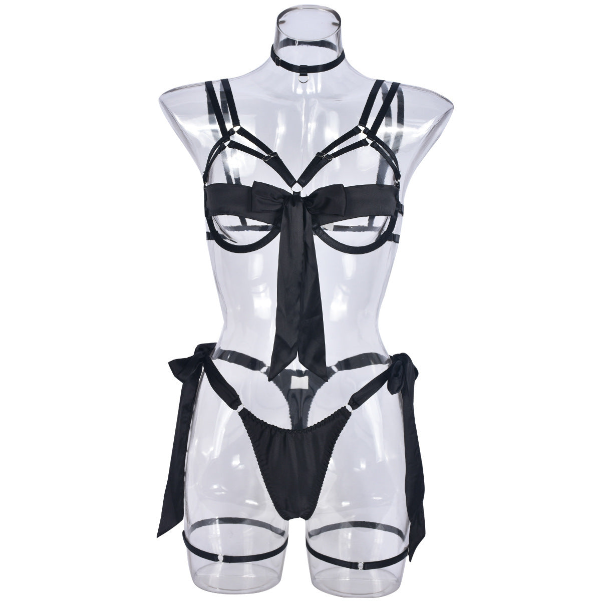 Satin Sexy Dew Leg Ring Strap Sexy Lingerie 4-piece Set -