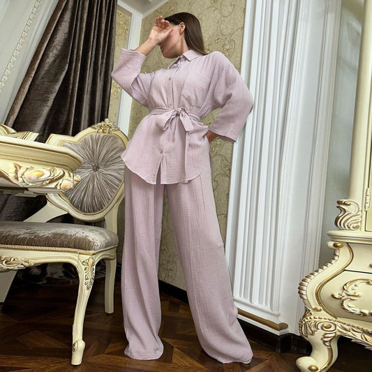 Fashion Loose-fitting Long Sleeves Lace-up Shirt Wide Leg Trousers Suit -