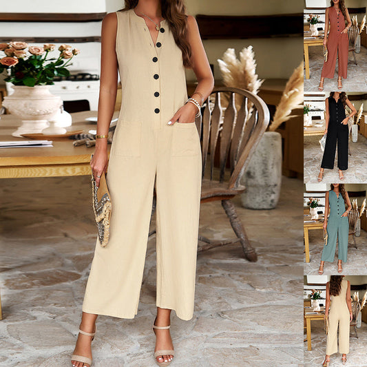 Salopetă Casual Fără Mâneci - Butoane Decor, Pantaloni Evazați -