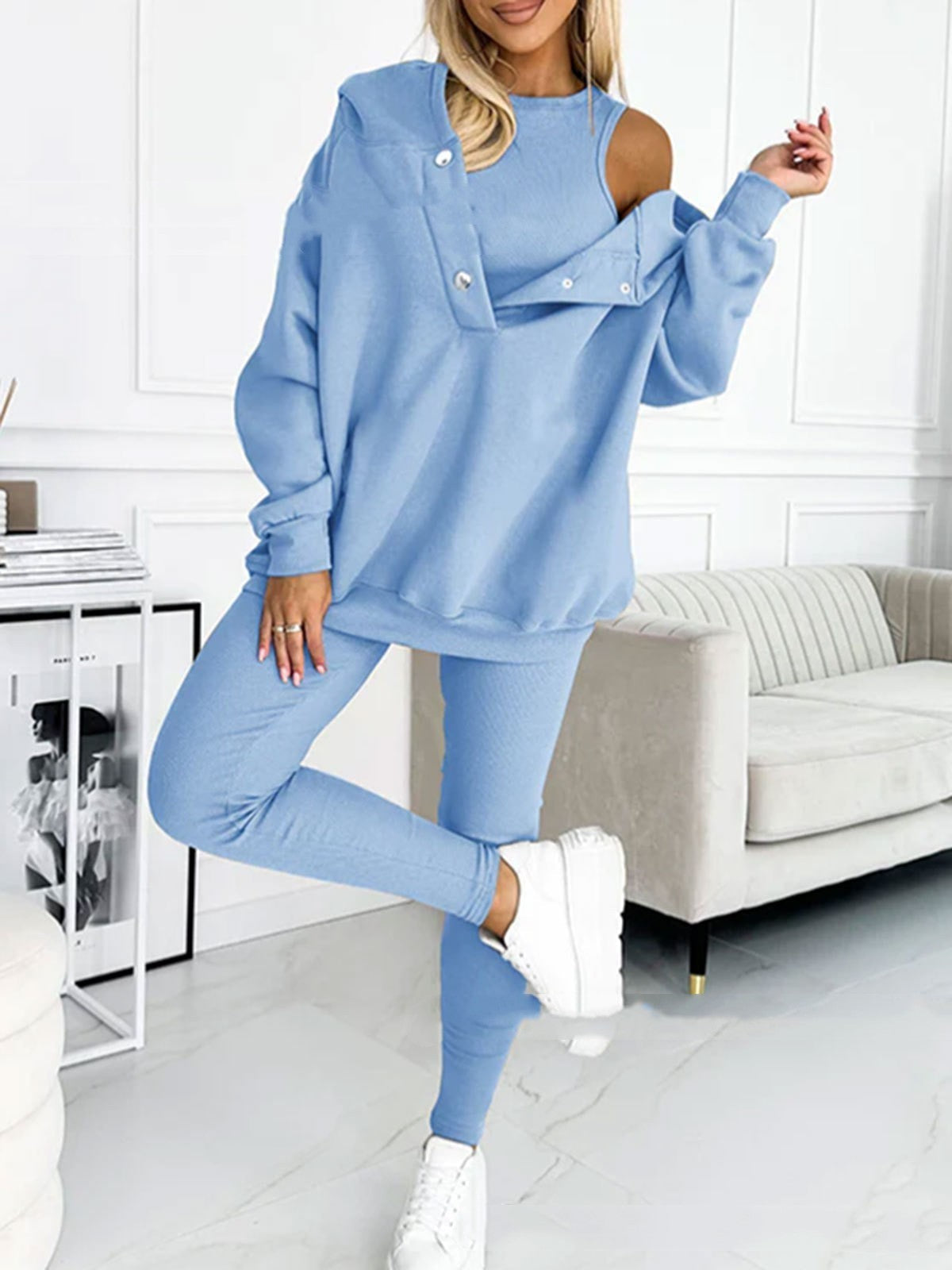 3pcs Women's Sports Suit Loose Hooded Pockets Sweatshirt And Vest And Slim Trousers -