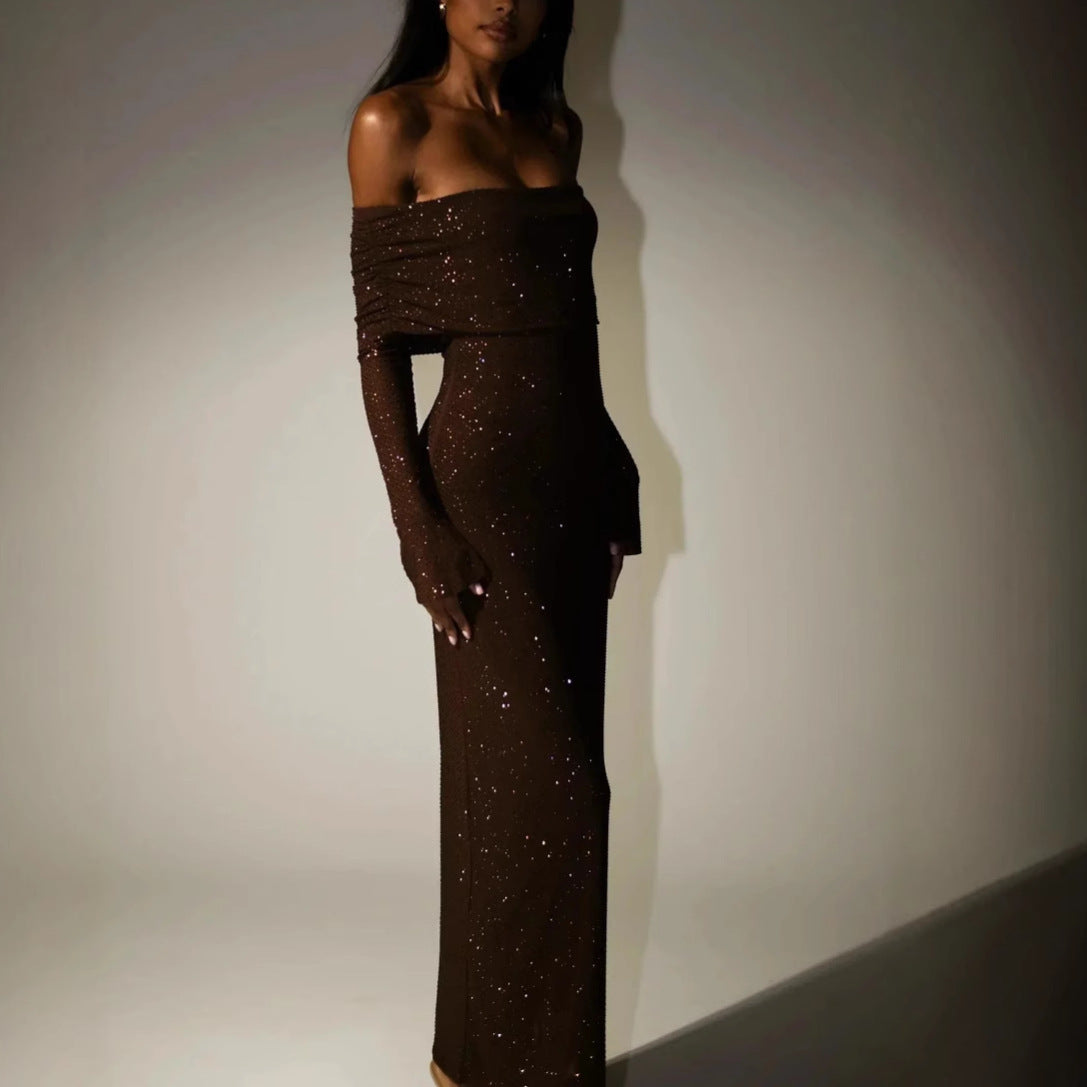 Sexy Luxury Strapless Long Sleeve Slim Rhinestone Noble Dress -