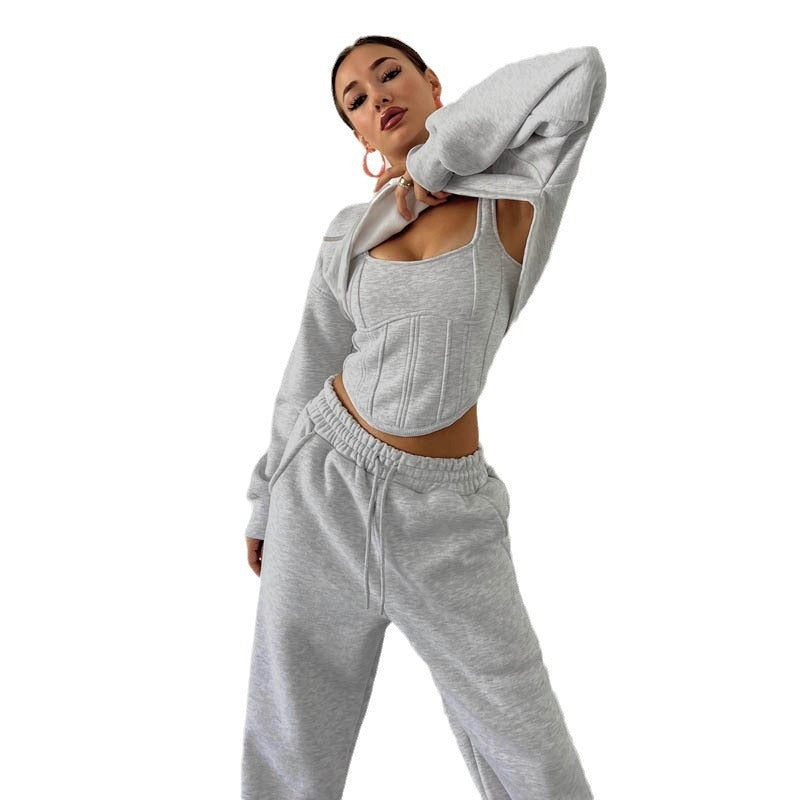 Gray Waist Hooded Short Sweater Ankle Banded Pants Three-piece Set -