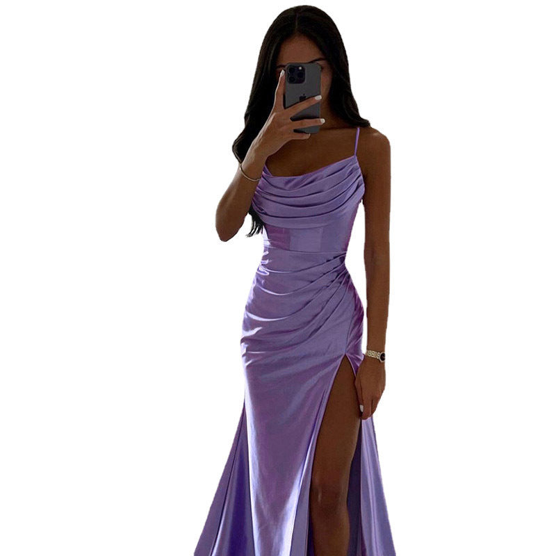 Breast Shrink Pleated Slit Satin Slim-fit Bag Buttock Dress -