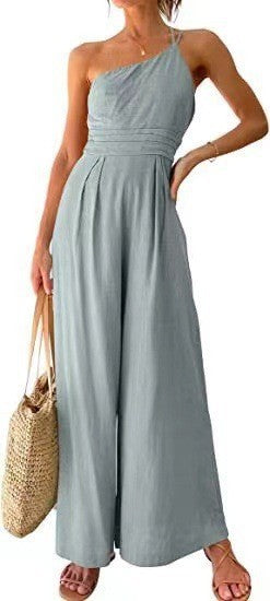 New Solid Color Loose Wide-leg Cotton And Linen Jumpsuit -