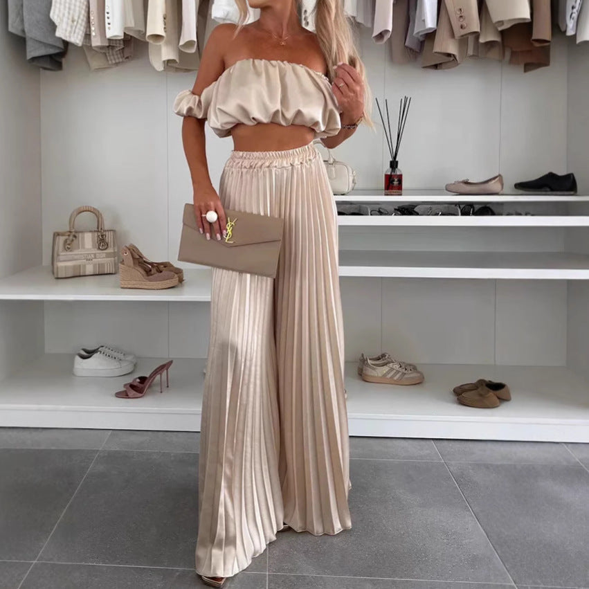 Women's Fashion Satin Tube Top Wide Leg Pants Suit -