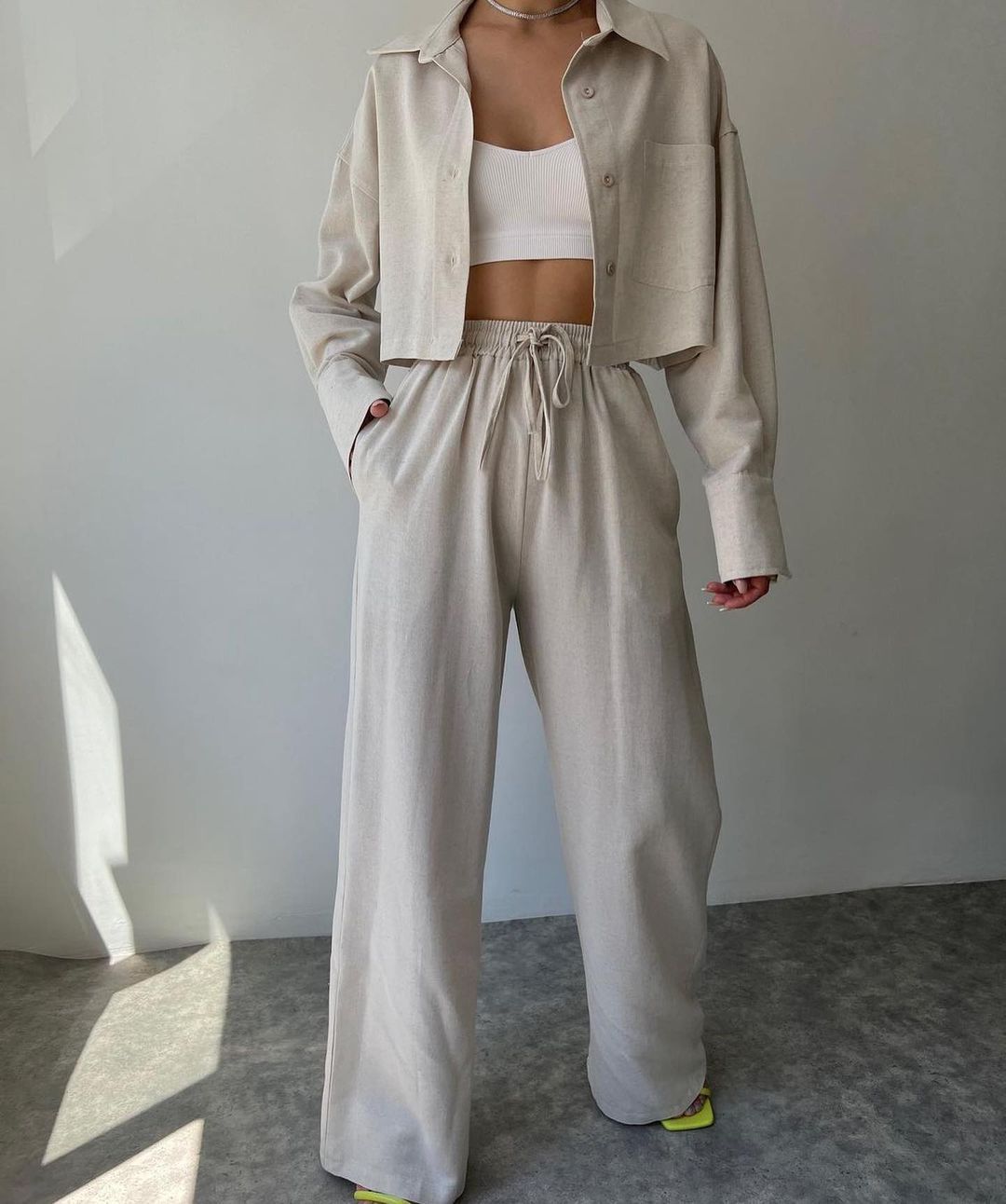 Solid Color Long Sleeve Short Casual Shirt Drawstring Pants Suit -