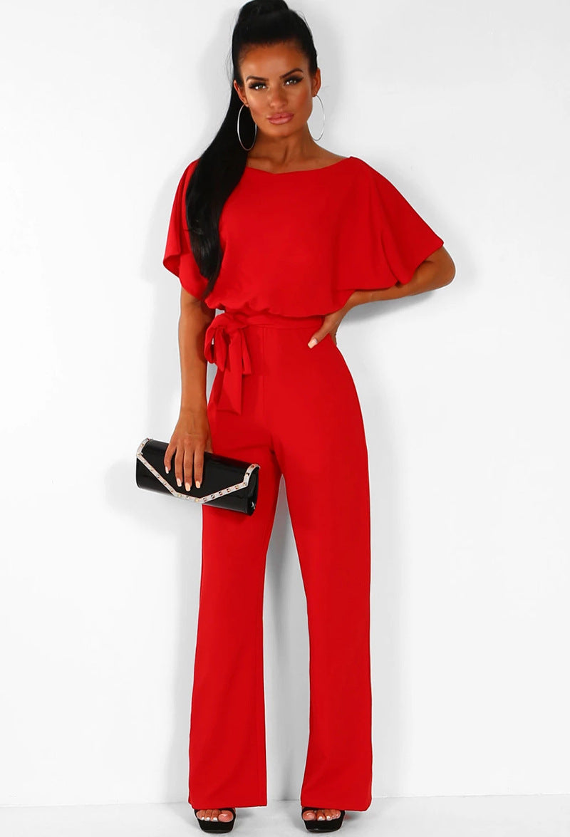7-color Fashion Lace-up Button Short-sleeved Women's Jumpsuit -