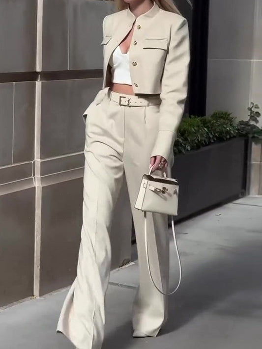 Solid Color Long-sleeved Top High-waisted Wide-leg Pants Suit -