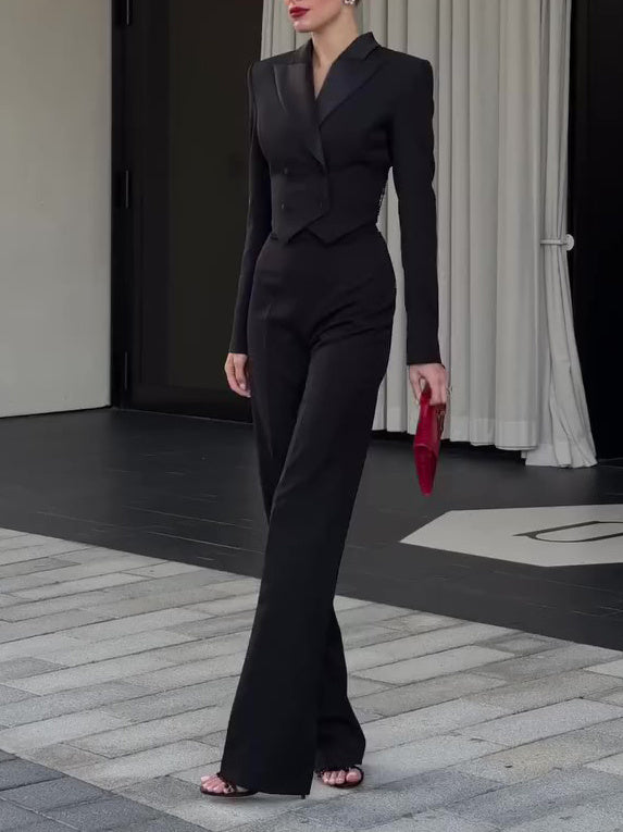 Black Backless Beaded Cropped Blazer & High Waist Pants Set -