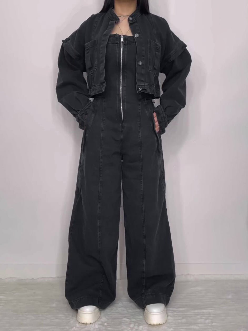 Denim Bandeau Zipper Jumpsuit & Jacket Set -