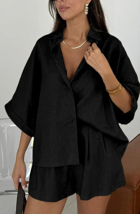 Fashion Polo Collar Half Sleeve Top And Shorts Two-piece Set -