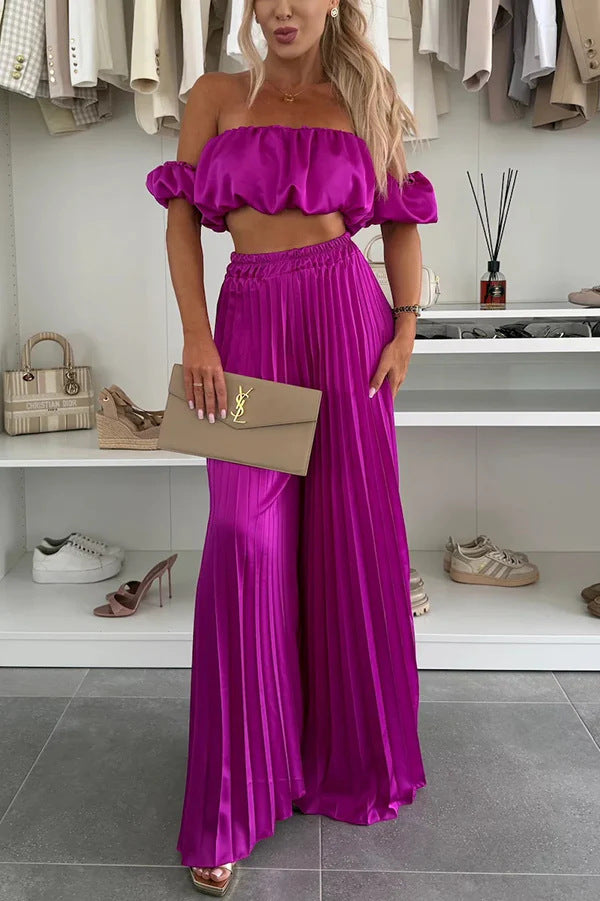 Women's Fashion Satin Tube Top Wide Leg Pants Suit -