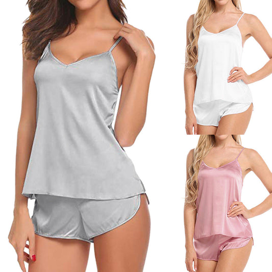 Summer Women's V-neck Lace Camisole Shorts Pajama Set -