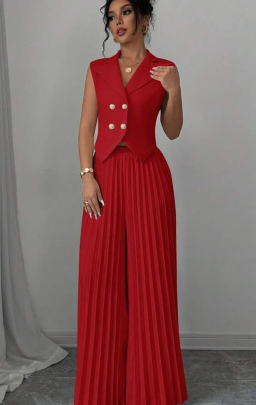 Summer Sleeveless Suit Fashion Lapel Button Vest Top And Pleated Straight Pants Women's Trousers Set Clothing JOJO Lingerie