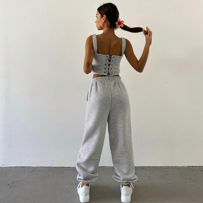 Gray Waist Hooded Short Sweater Ankle Banded Pants Three-piece Set -