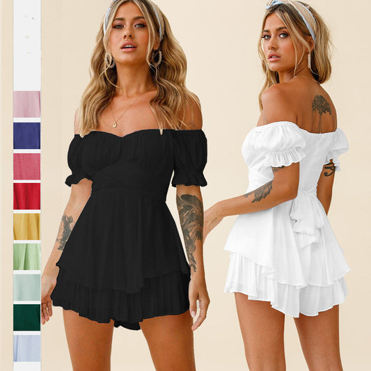 Jumpsuit Solid Color Off-neck Lantern Ruffle Sleeve Casual Women's Clothing -