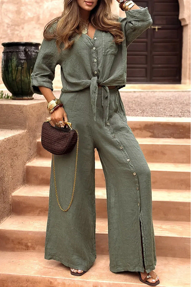 Lady Temperament Lapel Cardigan Split Button Solid Color Suit -