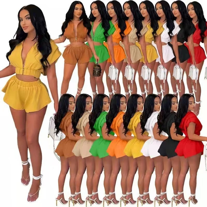 European And American Women's Clothing Spring And Summer New Hooded Zipper Short Sleeve Two-piece Set -