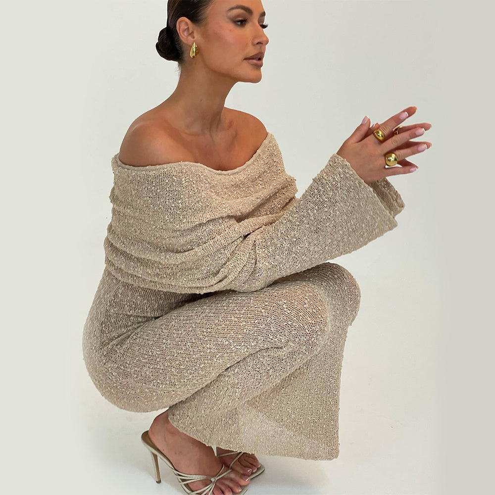 Rochie Maxi Tricotată cu Umăr Liber - Plajă, Mâneci Lungi -
