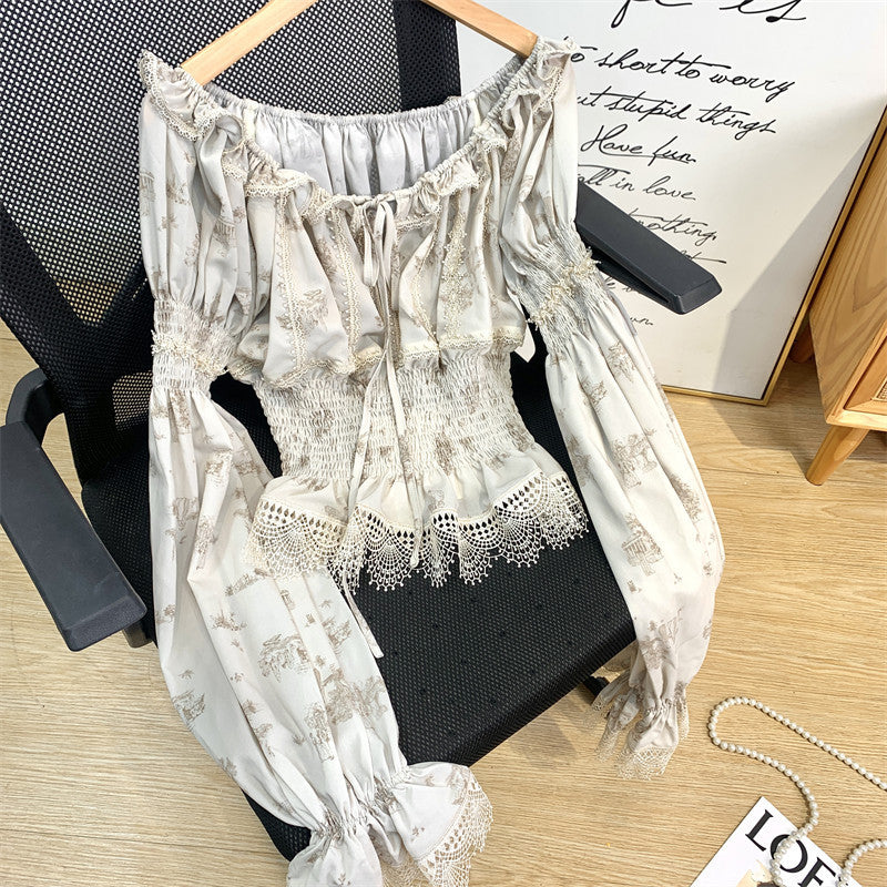 Printed Waist Lace One Word Collar Top Temperament -