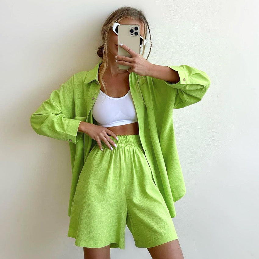 Fashion Cardigan Cotton And Linen Pure Color Comfort Pajamas Two-piece Set -