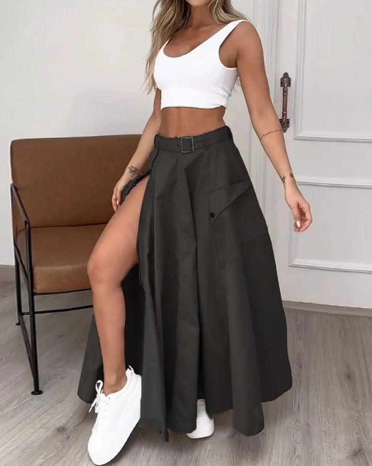 Ladies Suit Summer New Sleeveless Solid Color Slit Two-piece Set -