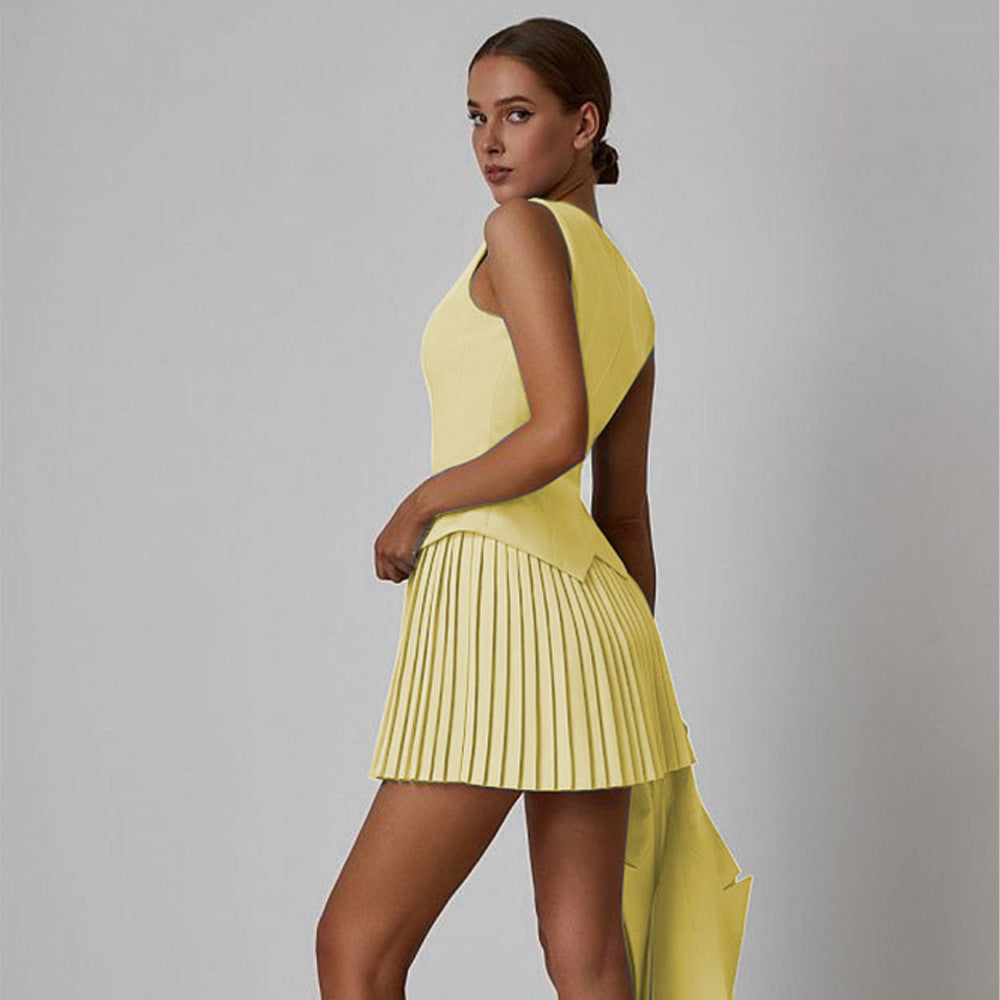 Ladies' Vest Solid Color Pleated Skirt Suit -