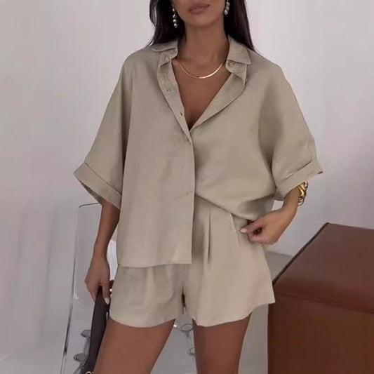 Fashion Polo Collar Half Sleeve Top And Shorts Two-piece Set -