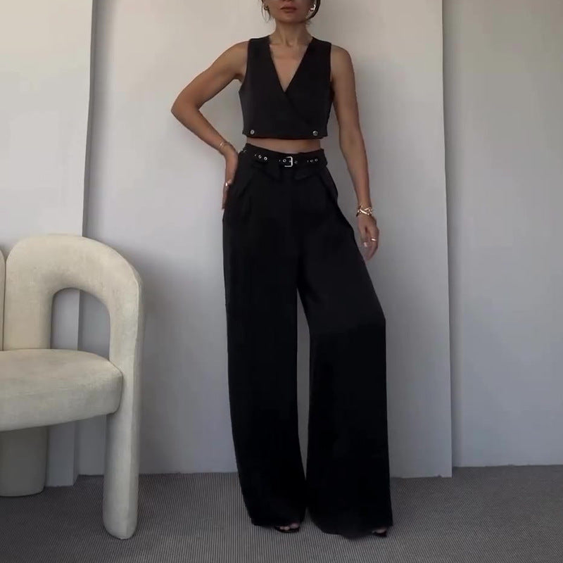 Women's Sleeveless V-neck Short Vest Top Straight-leg Pants Two-piece Set -