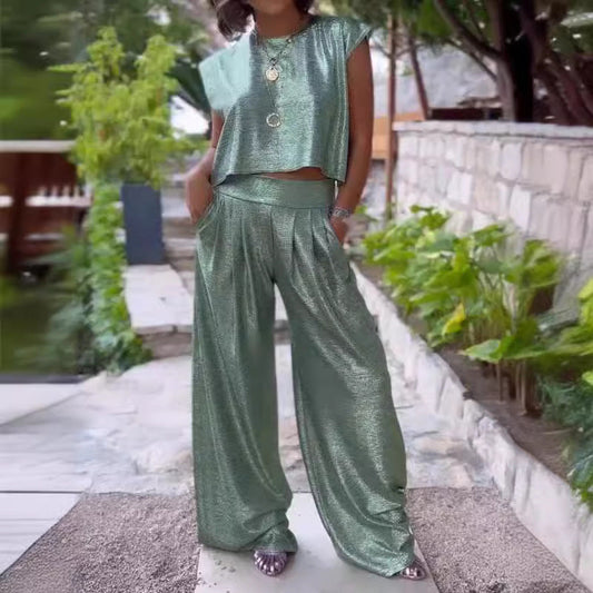 Women's Casual Glossy Vest Wide Leg Pants Two-piece Suit -