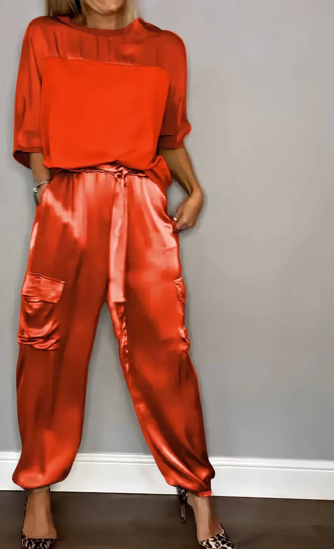 Fashion Women's Smooth Satin Half Sleeve Top Blouse And Pants Two-piece Set -
